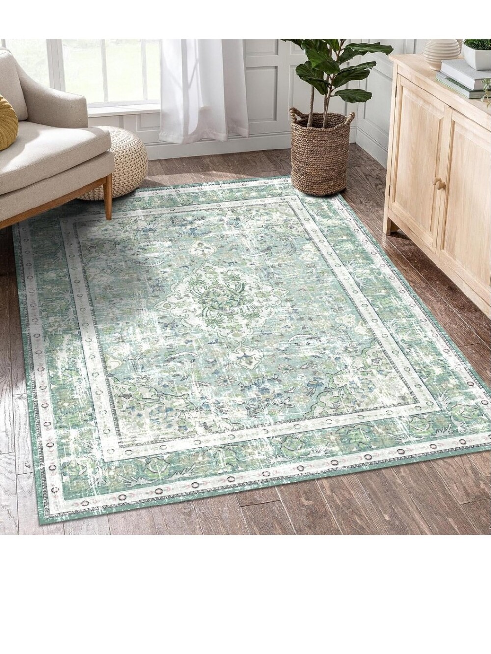 Boho Area Rugs Washable Vintage Modern Neutral Small Carpet Sage Green 5x7